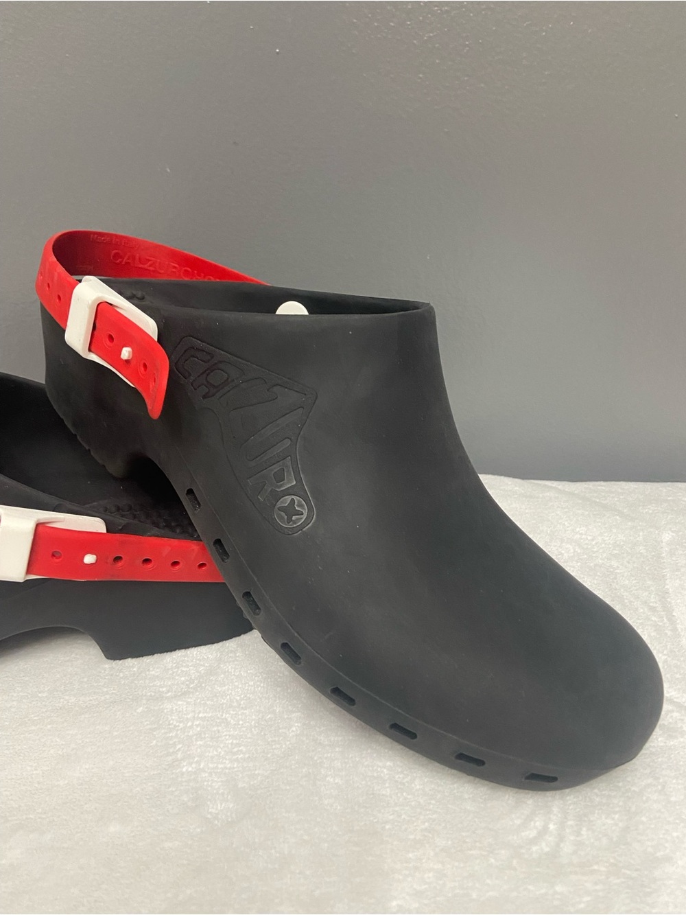 CALZURO Classic Bihos PADOVA Clogs Black Red Strap Italy MENS 5-6 WOMENS 7-8